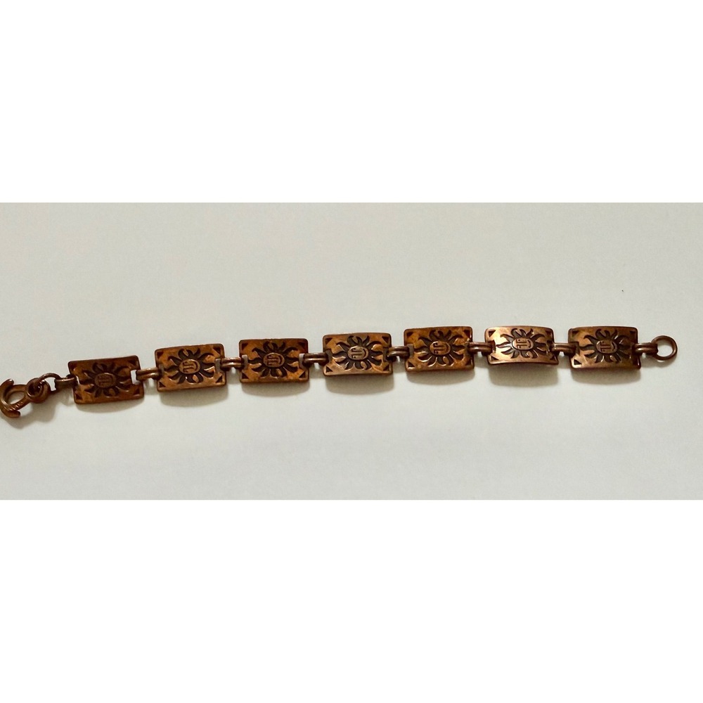 Vtg Southwestern Solid Copper Rectangular Link Panel Bracelet Smiling Sun Face